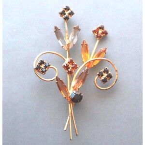 Vintage Juliana Style Orange Gray Black Rhinestone Flower Brooch